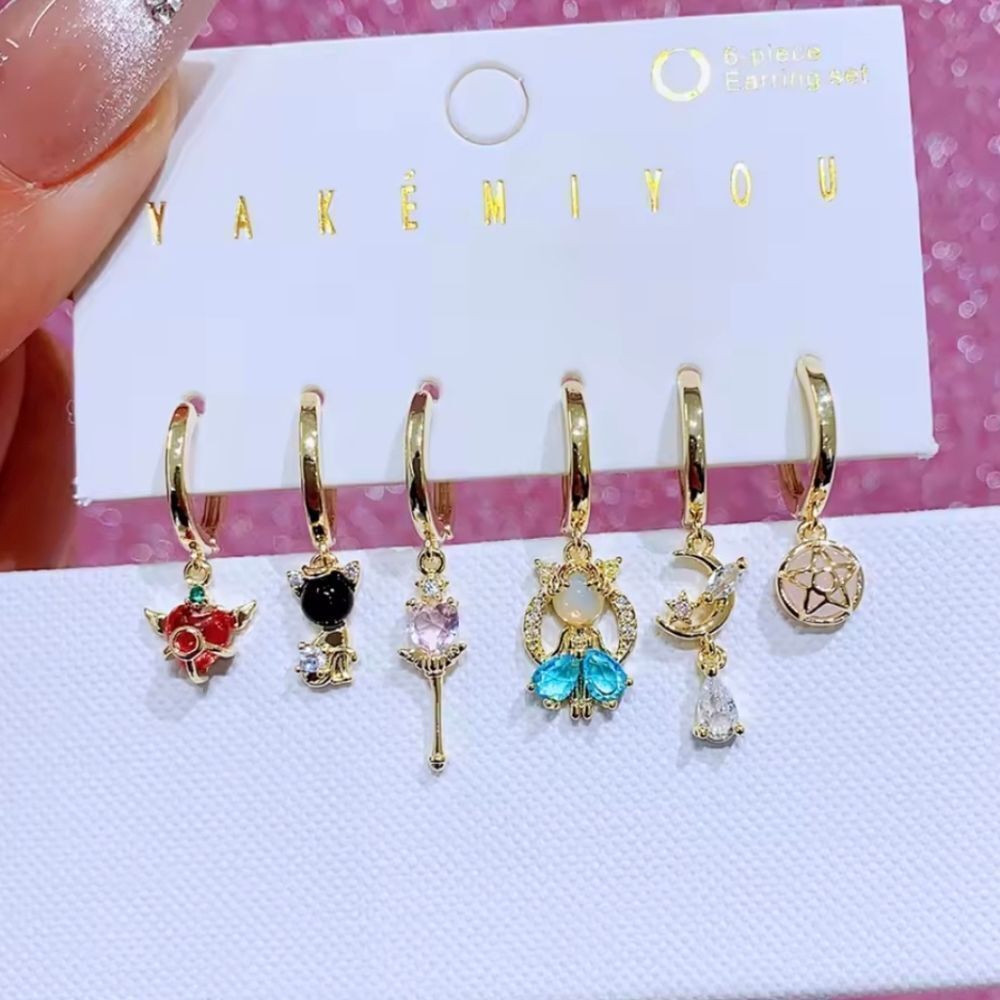14K Gold Plated Sailor Moon Theme Stud Mismatched Huggie Hoop Earrings Set